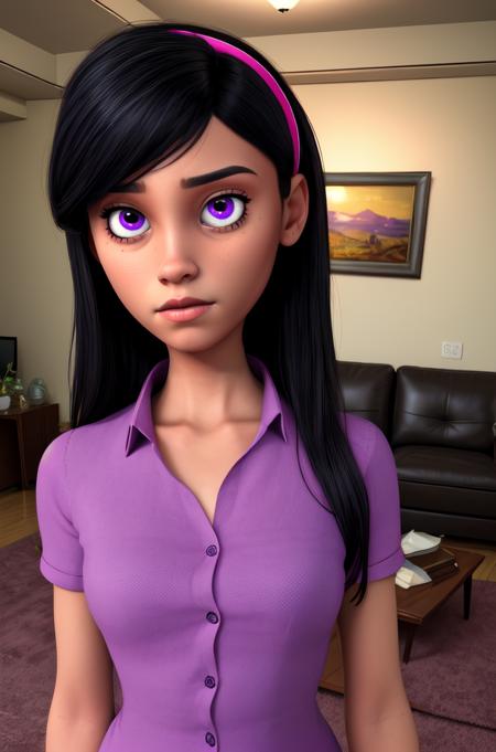 vilett,black hair,purple eyes,  long hair, , 
pink shirt, hairband,  
upper body, standing, serious, 
living room, 
(insanely detailed, beautiful detailed face,beautiful detailed eyes, masterpiece, best quality),solo,  <lora:VioletCas:0.8>