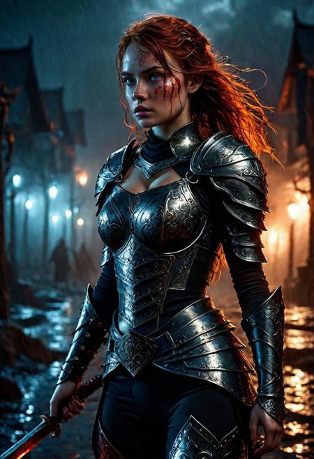 Ultra detailed digital art masterpiece Warrior girl dressed in a iron Armor, Standing on a bloody and stormy battlefield, standing in combat pose, dark fantasy medieval Town, perfect lighting, beautiful Sadie Sink as Warrior girl, attractive woman, elegant, unreal engine 5 nanite quality, mixed with dark elements, dark environment, very dark night, clean dark velour witch clothing, LOTR style, dark washed out eyeliner, no make up, natural bloody face, realistic blue eyes, ultra detailed atmospheric details, beautiful glowing effects, sparkle effects, realistic body proportions, beautiful face proportions, complex masterpiece, wavy red hair, creative glowing detailed tattoos, complex physics, enhanced colors, complimentary colors, ultra detailed raytracing reflections, Ultra detailed complex background, environment feels alive, direct eye contact, dramatic lighting, wet and sweaty skin, beautiful firm Breasts, Concept art portrait by Greg Rutkowski