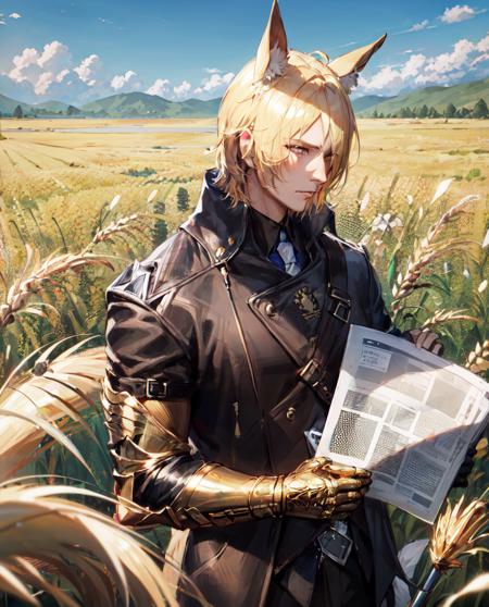 masterpiece,highres,best quality,Golden Reed Field,clear sky
Mynar,jacket<lora:arknights-Mynar:0.8>tail,holding newspaper,