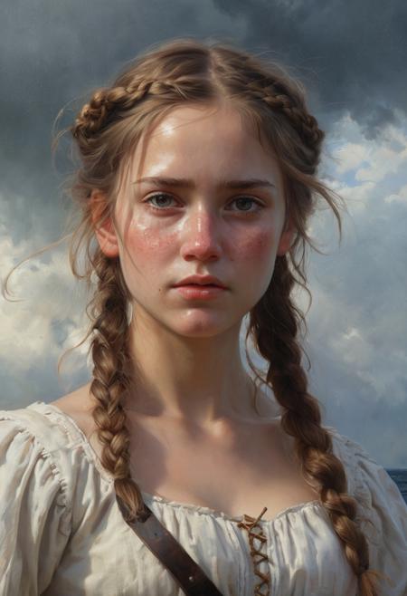 1 woman, Pirate, prvateer, sailor, a masterpiece painted in the style of Anders Zorn | Marco Mazzoni | Yuri Ivanovich, oil on canvas, pose, ship and ocean background, on a ship, clouds, belts, tanned skin, young woman, freckles, braid, single braid, skin detail, rough skin, single scar on face running through lip, storm clouds in the background, godrays, epic lighting, haze,