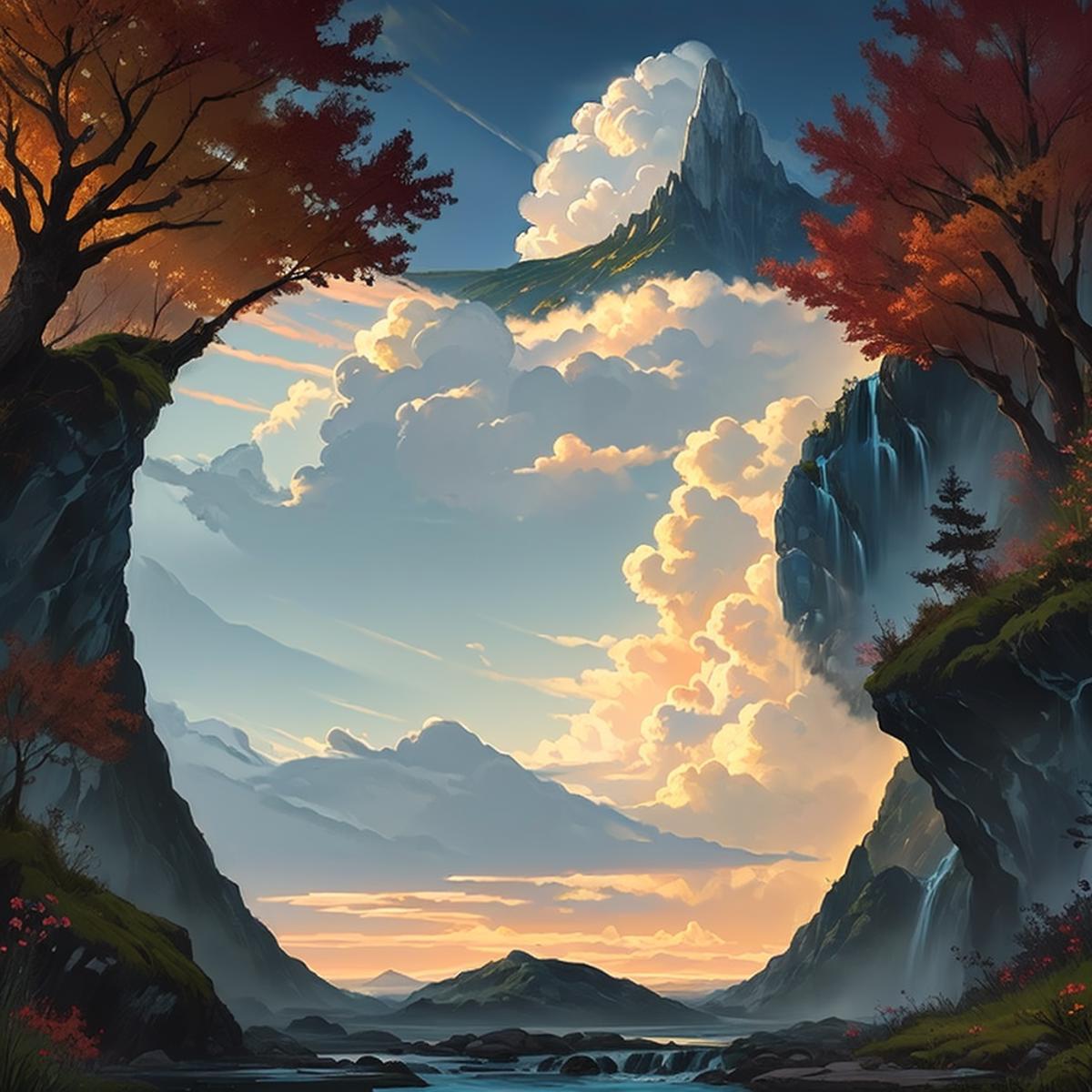 A Painting of a Sunset with Mountain and Clouds.