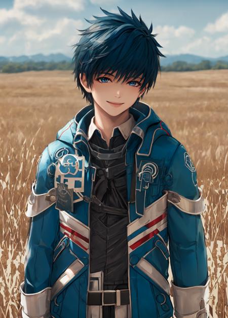 masterpiece, best quality, extremely delicate and beautiful, highres, original, <lora:FidelCamuzeV1:0.8>, FidelCamuze, 1boy, boy, male, short hair, blue hair, blue eyes, blue coat, hood, unhooded, upper body, grassland, looking at viewer, smile