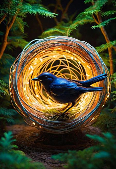 Stunningly detailed digital art, showcasing an exceptional composition! A nest crafted from intertwining wires and circuits, glowing with an electronic aura, sits atop a virtual forest made of digital trees. Within this nest, a bird intricately assembled from semiconductor chips and electronic components, guards her clutch of pixelated eggs. The digital forest is illuminated by the surreal glow of a binary sunset, casting dynamic shadows and lights across the circuitry and silicon. This scene merges the tangible world of technology with the abstract digital realm, creating an atmosphere of futuristic tranquility and cybernetic wonder. The bird and her electronic nest are depicted with hyperrealistic precision, each wire, chip, and pixel glowing with an inner neon light, akin to a motherboard's intricate pathways. The artwork resonates with an ethereal effect, seamlessly blending the cybernetic bird and her nest with the surrounding digital landscape, as if they are an organic part of this virtual environment. The colors are vivid and electric, contributing to the intense and infinite essence of this digital world.
