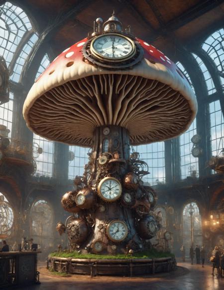 A gigantic mechanical mushroom with a clock face, clockpunk, steampunk, Photorealistic, detailed, intricate, octane render, 4k HDR,