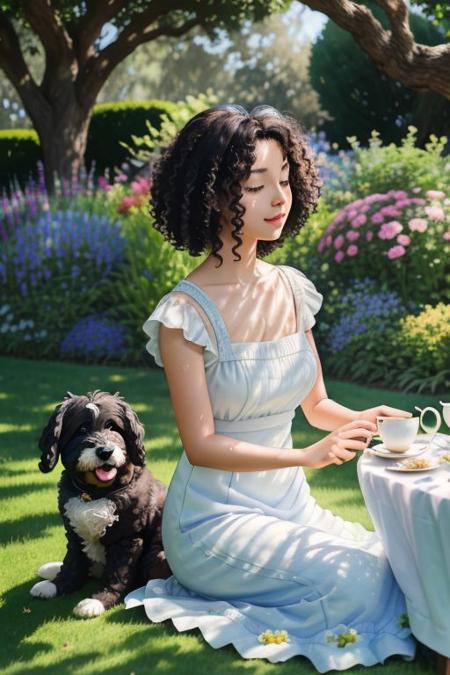 line art drawing, ligne claire, a Lady with big black curly hair at a tea party in green garden,  a dog sits beside her, beautiful flower garden,Bright sunlight, sun glare, soft colours of green and blue, using water colours, wet colours, 
(4k quality, masterpiece), best quality,