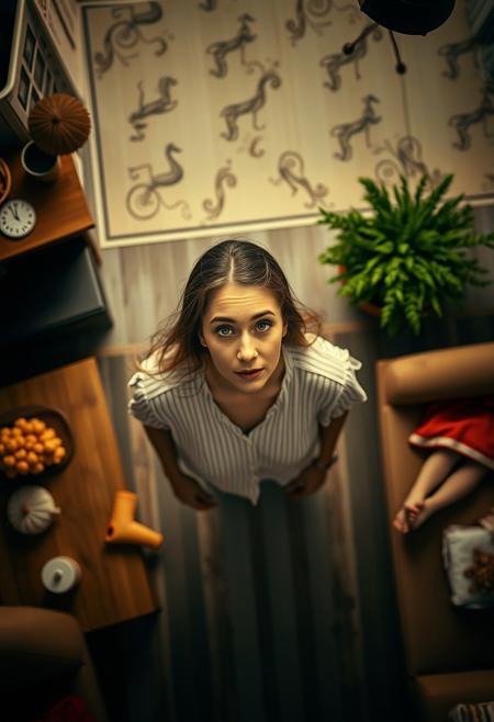 An overhead bird's-eye view documentary photograph of a woman in a suburban setting. Intense dramatic lighting and high contrast create tension, highlighting a meticulously composed scene in warm nostalgic tones, offering a top-down perspective on family and domestic life.