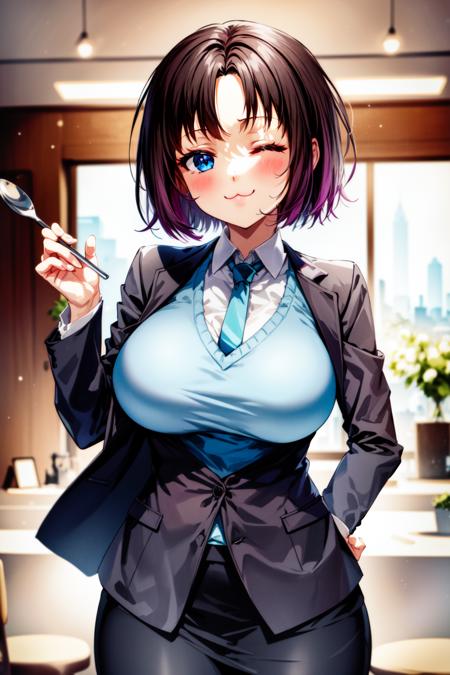 (best quality:1.2), 1girl, (masterpiece:1.2), raytracing, cute face, perfect face, ultra detailed,detailed face, 8k wallpaper, wide hips, <lora:more_details:0.5>, ElmaDragonMaid_NDV, 1girl, multicolored hair, black hair, large breasts, short hair, (single horn:1.2), blue eyes, (jacket, shirt, tie:1.2), skirt, bussines suit,  <lora:ElmaDragonMaid_NDV:0.7>, indoor, cafe, eating, cake, hand to cheek, closed eyes, smile, (:3:1.4)