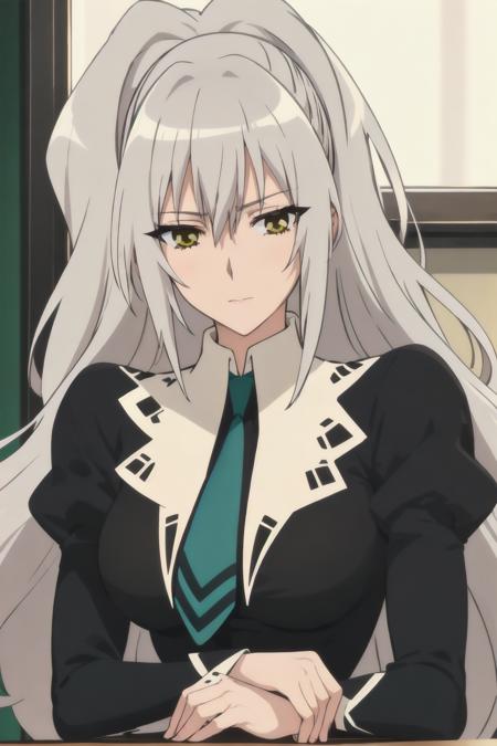 best quality, masterpiece, portrait, (mature female:1.4), hanazono shizuma, silver hair, very long hair, bangs, ponytail, green eyes, large breasts, golden eyes, necktie, black dress, schooloutfit1, juliet sleeves, long sleeves, indoors, classroom, looking at viewer,
<lora:Kizuki - Strawberry Panic - Hanazono Shizuma:0.9>