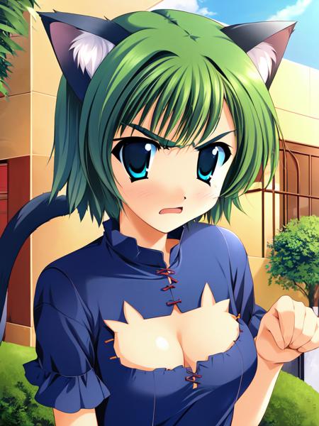 1girl, solo,solo focus,  ooba eimi, green hair, blue eyes,short hair, messy hair, green eyebrows, 
facing viewer, standing, 
cosplay photo, cat ears, cat girl, blush, cat costume, cat cutout, paw pose, angry, cleavage cutout, medium breasts, cat tail, 
outdoors, 
 <lora:Eimi_chan_sama_V2:1>