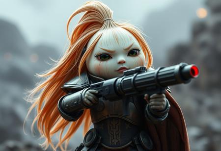 a long haired onion in futuristic armor holding a laser canon, cute, scene from a science fiction movie