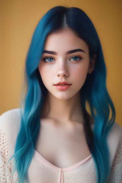 A young woman with blue hair and blue eyes.