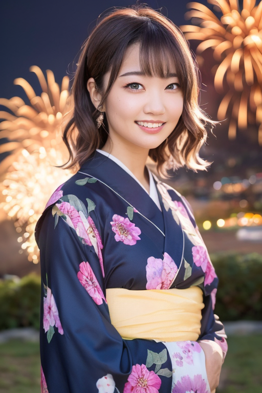 1girl,(wearing a yukata with floral pattern:1.2),(on a hill overlooking a city:1.4),(fireworks in the background:1.3),(RAW...