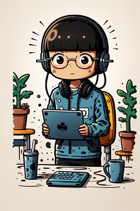 sd mai, flat illustration,
masterpiece, best quality,,1boy, male focus, solo, glasses, headphones, computer, shirt, plant, cup, laptop, black hair, short hair, long sleeves, holding, purple shirt, upper body, headphones around neck, white background, brown eyes, chair, blush
 <lora:SD_MAIæç®æå¹³æç»:0.7>