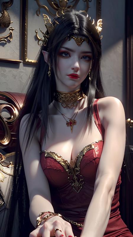 <lora:more_details:0.5>, masterpiece, realistic, absurdres, fine detail, (raw photo:1.2), (photorealistic:1.4), (8k, best quality, masterpiece:1.2), highres, ultra-detailed, extremely detailed cg 8k wallpaper, dynamic pose, <lora:cailing_v3-000018:0.9>, 1girl, cailing, solo, makeup, queen, headgear, black hair, black eyes, earrings, eyeliner, eyeshadow, jewelry, long hair, looking at viewer, pointy ears, red lips, sharp nails, red nails, cowboy shot, fair skin, flawless, clean, contrast, perfect hand, perfect fingers, slender fingers, slim waist, slim body, perfect body proportions, curvy body, beautiful legs, (long legs:1.3), huge breasts, (wide shot:1.3), (upper body:1.3), (Correct hand and finger anatomy:1.2)