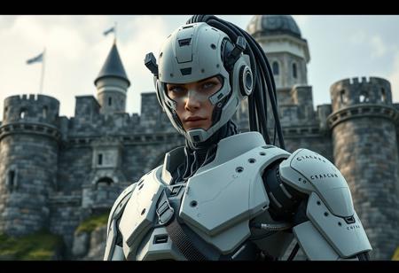 Create a realistic, highly detailed 4K or 8K image of a cyborg character with a techwear aesthetic, inspired by the styles of John Brack and Bruce Pennington. The character should have a CGI appearance and be set against the backdrop of castle walls. The image should mimic the look and feel of Japanese animation and have a focus on realistic human movement and pose, focusing on centered composition with the cyborg's face and upper body prominent. Ensure the cyborg's arms are long and gangly, with a mix of mechanical and organic elements integrated into the design. The image should be rendered in a style reminiscent of Unreal Engine 4, with high attention to detail and realistic lighting. Provide the final image in a high-resolution format.