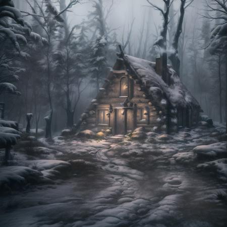 (masterpiece, best quality), fog, atmospheric lighting, seakaythree, medieval illustration, A norse cabin in the snowy forest during a heavy snow storm in the winter, lights on inside