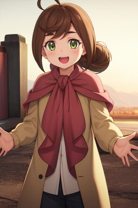 cookiecrackergriffon, crackergriffon, 1girl, solo, long sleeves, open mouth, scarf, smile, outdoors