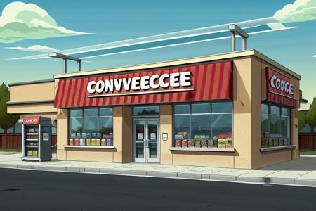 convenience store exterior, sign over the glass door, signs on window, 8k, uhd, masterpiece, highest quality