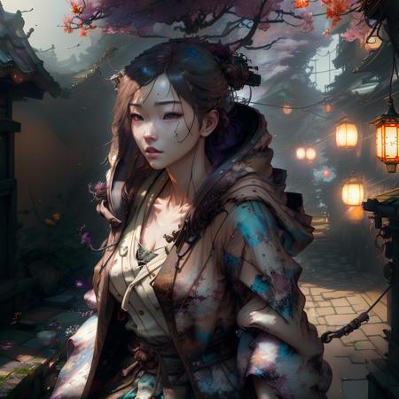 masterpiece, best quality,
 <lora:nvinkpunk:0.9>  opened kimono hooded cloak,  belt 4k ultra high resolution photo realistic octane render highly detailed artstation cgsociety rendered with unreal engine volumetric lighting by greg rutkowski and feng zhu trending on ArtStation dramatic lightning hyperrealistic masterpiece fine portrait illustration painting 3d 8K detail post processing photorealism intricate cinematic light shadows neon bokeh sharp focus blur,