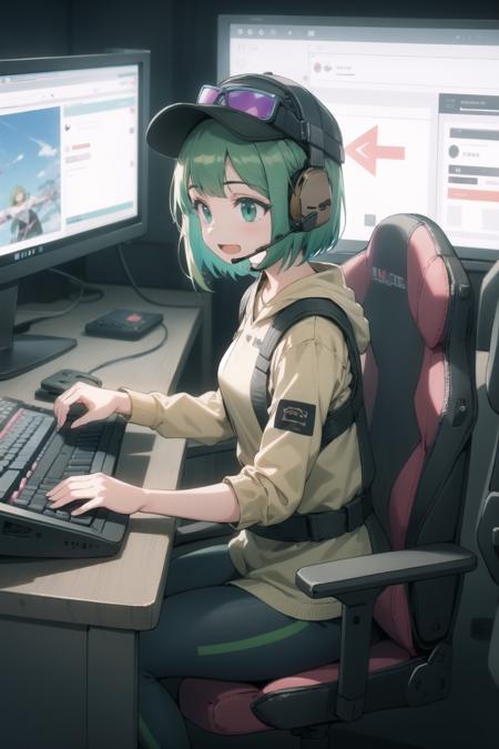 ela ela, jacket, leggings, latex legwear, fingerless gloves, military uniform, camouflage, baseball cap, goggles on headwear