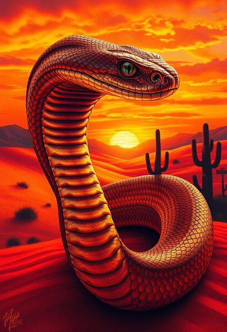 A serpent, its scales transformed into a canvas of vivid, western-themed art, tells the story of a breathtaking desert sunset. The painting, rendered in exquisite detail, features the majestic, sweeping dunes of the desert, the vibrant, orange hues of the sunset, and the tiny, delicate silhouettes of cacti against the fiery sky. Every scale is meticulously captured, from the delicate, swirling patterns of the desert sand to the tiny, shimmering highlights on the serpent's eyes. The overall effect is one of haunting, surreal beauty, as if the very essence of the American West has been distilled into this transformed serpent, turning something once sinister into a masterpiece of western art. highest-Quality, intricate details, visually stunning, Masterpiece