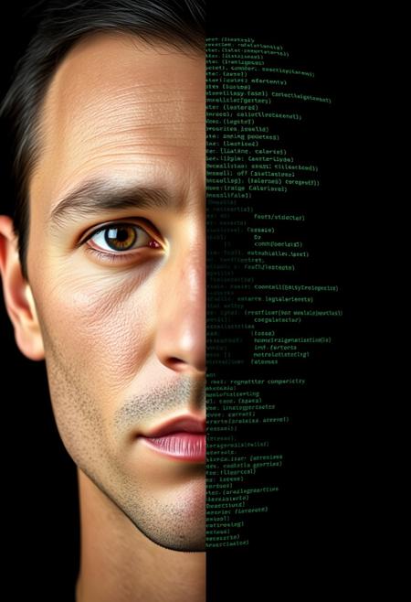 striking portrait of a human face, split vertically into two distinct halves:
    Left half: Photorealistic human face with detailed features and skin texture.
    Right half: Composed entirely of computer code (e.g., green text on a black background), yet still maintaining the exact shape and contours of the head and facial features.
The transition between the two halves should be abrupt but precise, creating a stark contrast between human and digital elements. Emphasize that the code half should appear "renderized" while still clearly forming recognizable facial features. The overall effect should be surreal and visually captivating, seamlessly blending humanity and technology in one image.
