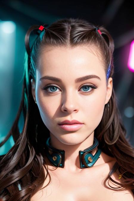 Best quality, picture of the beautiful Koh_LanaRhoades posing wearing cybernetic armor, looking at viewer, perfect face, perfect eyes, sharp focus, neon factory background, lights, machinery, cyberpunk style