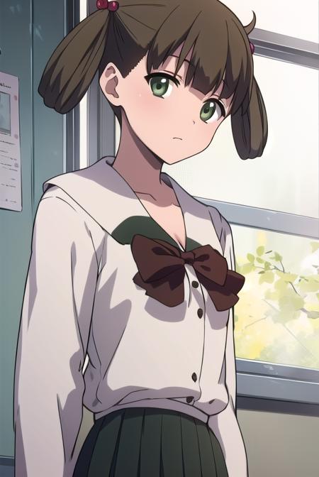 hikarikuroda, <lyco:hikarikuroda-lyco-nochekaiser:1>,
hikari kuroda, bangs, (brown hair:1.5), hair ornament, twintails, (green eyes:1.5), hair bobbles, hair rings,
BREAK school uniform, long sleeves, bow, red bow,
BREAK looking at viewer,
BREAK indoors, classroom,
BREAK <lyco:GoodHands-beta2:1>, (masterpiece:1.2), best quality, high resolution, unity 8k wallpaper, (illustration:0.8), (beautiful detailed eyes:1.6), extremely detailed face, perfect lighting, extremely detailed CG, (perfect hands, perfect anatomy),