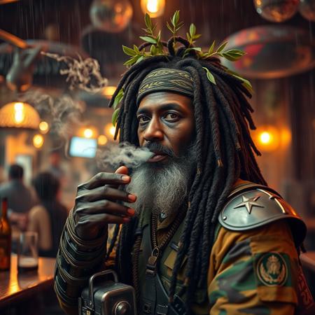 ( shot on a iPhone style) chilled happy big dreads tribal painted medicine man Rasta man with armor and military fatigues smoking a huge spliff and blowing the smoke into a cozy bar, crowded happy cozy gritty scifi jungle bar during a heavy rainstorm (masterpiece medium format swirly bokeh hyperrealisitic concept art 8k)  masterpiece medium format photo tribal amazon warrior he has leaves and flora in his hair, muted colours, soft focus