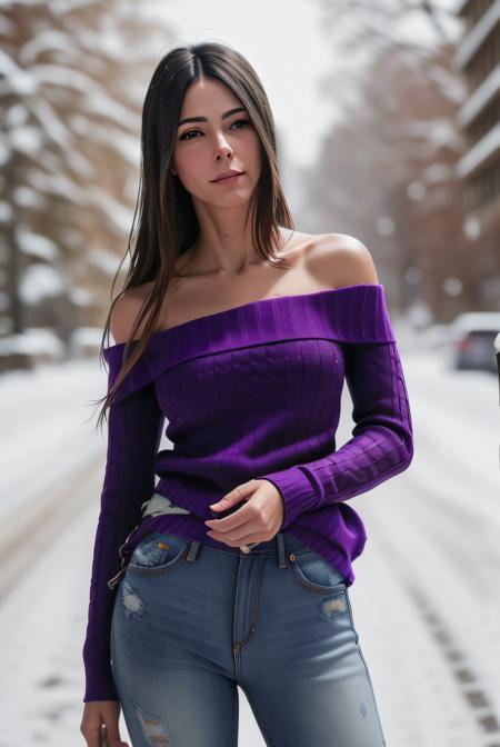 photo of (BuYi101:0.99), a woman, RAW, close portrait photo, (waist high distressed jeans:1.2), (purple off the shoulder knitted sweater:1.2), (snowing:1.2), slim body, (high detailed skin:1.2), 8k uhd, dslr, soft lighting, high quality, film grain, Fujifilm XT3 sharp focus, f 5.6, absurdres, (incredibly_absurdres:1.1),