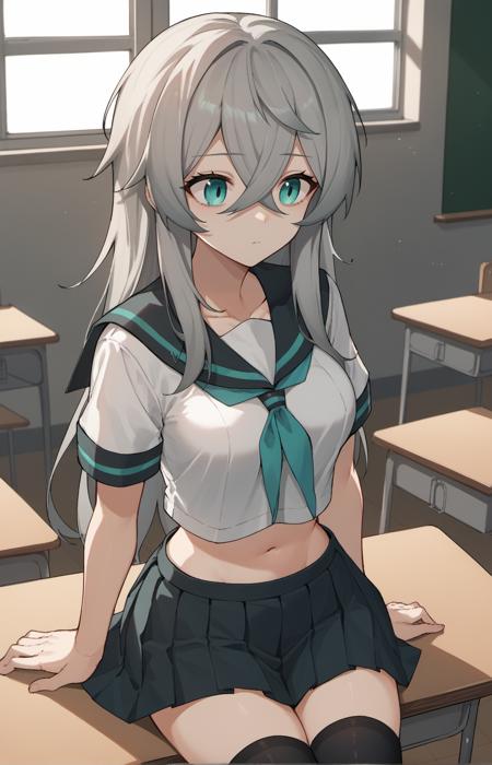 katja, long hair, grey hair, hair between eyes, ahoge, aqua eyes, black bodysuit, grey bodysuit, cape, gloves, medium breasts