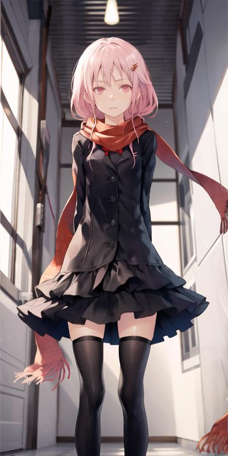 yuzuriha inori,dress, hair ornament, hairclip,pink eyes, pink hair, scarf, solo,  twintails, 1girl, red eyes, long hair, black thighhighs, looking at viewer, red scarf, zettai ryouiki, arms behind back,  <lora:red_loha_v1e:0.7>