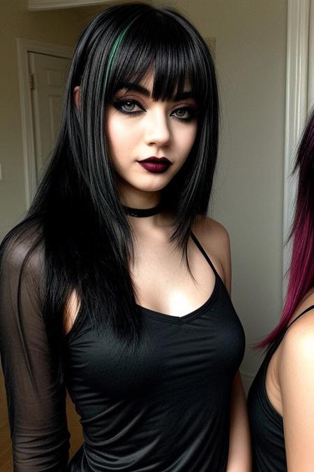 low quality, amateur_photo, 2girls, two tone hair, lip gloss, glassess, black camisole, white camisole, looking at viewer, black hair, realistic, green eyes, blue eyes, smile, parted lips, makeup, eyeliner,emo goth,