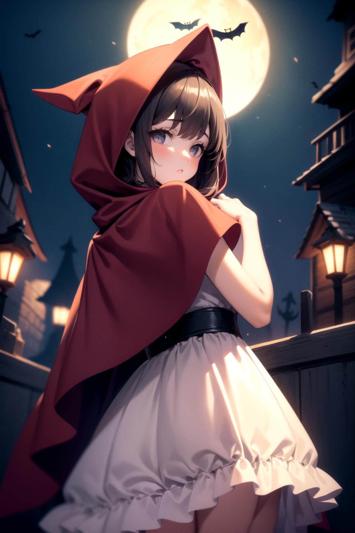 Little Girl in Red Dress and Cape Standing in the Moonlight