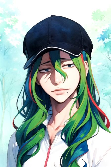 yuusuke_makishima, green hair, blue eyes, long hair, multicolored hair, streaked hair, red hair, hair between eyes, mole, mole under mouth, mole under eye