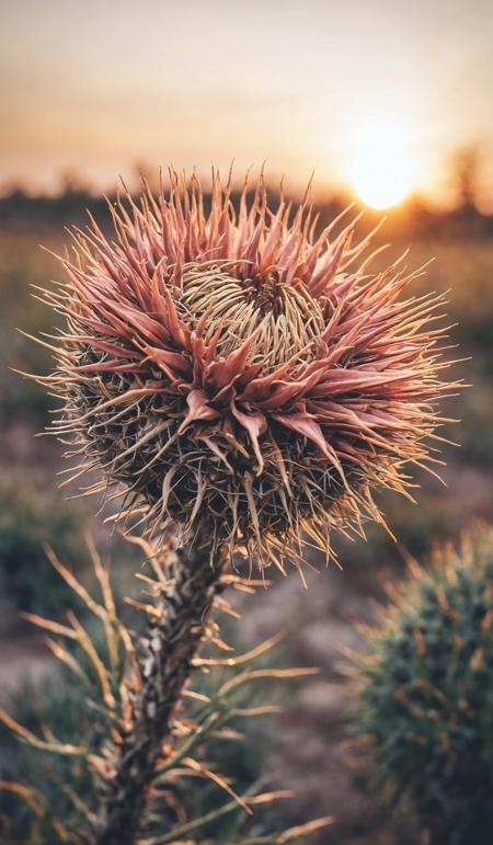 A closeup shot of prickly flower during sunset with a blurry background. Dramatic unusual scene. Beauty world. Retro filter and vintage style. Instagram toning effect, breathtaking photograph.