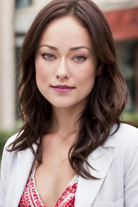 best quality, 4k, 8k, ultra highres, raw photo in hdr, sharp focus, intricate texture, skin imperfections, photograph of young olivia wilde <lora:olivia-wilde_v0.1:0.7>, doctor thirteen, beautiful, young, girl, model, brunette hair, white coat, (red) top, hospital, face, head, upper body, (smile:0.3), intricate details, (lipstick:0.9), closed mouth, makeup