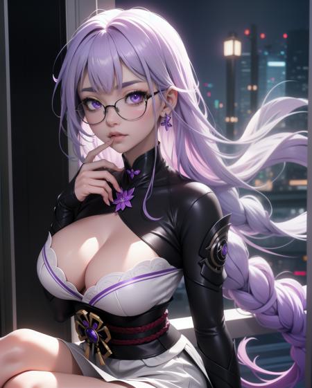 Top image quality,Raw photography,ultra-high-resolution,18-year-old Korean,Glasses beauty,very large breast,cleavage of the breast,Formal shirts,Tight shirt,Formal skirt,fair white skin,shiny white skin,Short Bob,1bright silver hair,purple hair,purple eyes,Very thin lips,beautiful eyes finely detailed,elongated eyes,pale pink blush,long eyeslashes,Beautiful double eyelids,eyeshadows,neckless,Nipple Ring,legs crossed,Cross your legs,Large corporate offices,Corridors of large companies,Fashionable glasses,Lighting that emphasizes beautiful skin, (full body), raidenshogundef