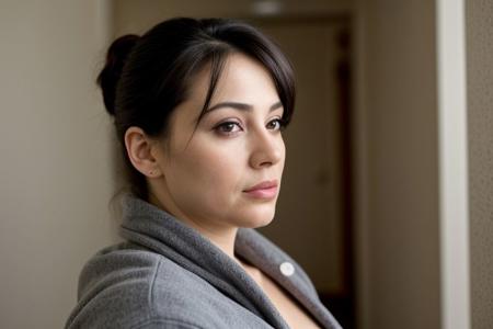 latina woman,  40 years old, pale skin, few wrinkles,  cute face, puppy face, dark hair in a bun with short bangs, short height ,petite ,grey short bathrobe, huge boobs, cleavage, paizuri, seductive look, black eyeliner, flirty look, block hallway, no bra, sneaky shot, side view, model looking at the camera seductive