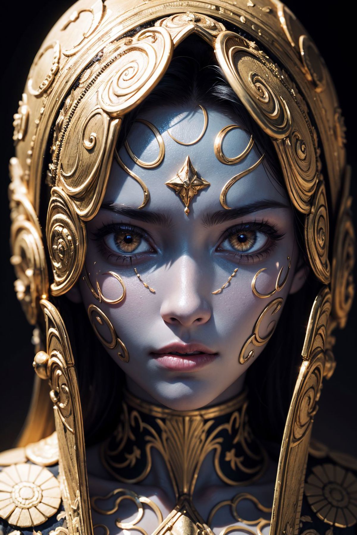 A beautiful face with a gold headband and gold decorations on her face and forehead.