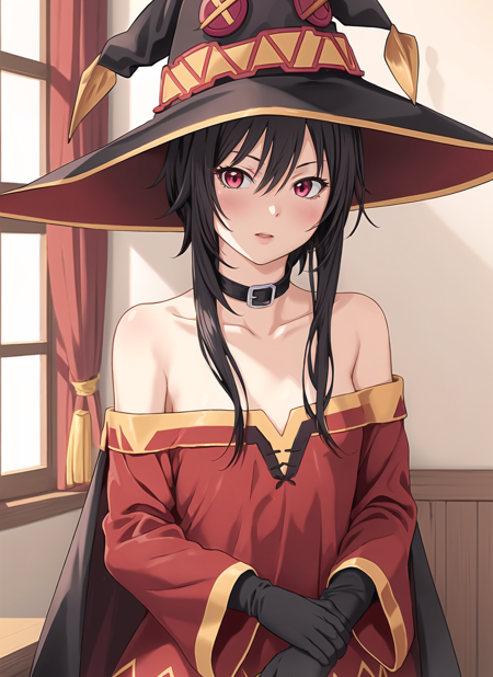 yakiyama line <lora:yakiyama_line_offset:1>, masterpiece, best quality, megumin, 1girl, bare shoulders, black cape, black gloves, black hair, cape, choker, collarbone, dress, hair between eyes, hat, long sleeves, looking at viewer, medium hair, off-shoulder dress, off shoulder, red dress, red eyes, sidelocks, solo, witch hat, indoors,