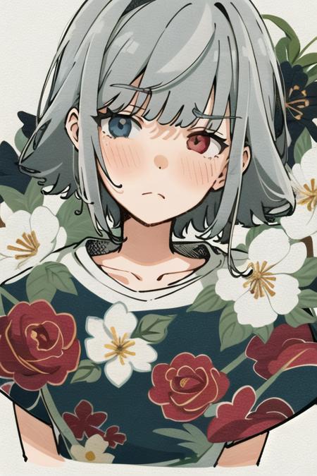 1girl, solo, heterochromia, looking at viewer, blush, bangs, upper body, grey eyes, short hair, flower, grey hair, white hair, blunt bangs, simple background, white background