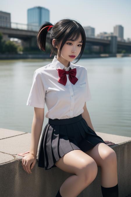 ltra-detailed,highly detailed,best quality,masterpiece,illustration,realistic,
miyamizu mitsuha, 1girl, solo, 
black hair, ponytail, short hair, folded ponytail, 
school uniform, hair ribbon,bowtie,short sleeves, collared shirt, pleated skirt, socks, loafers, 
=looking at viewer, sitting,
outdoors,dawn, water, river, sky, bridge,  city, cityscape,parted lips, falling petals, 
<lora:miyamizu mitsuha_v1_02:0.7>