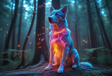 <embedding:lazmypos>, dog, colorful, glowing, bioluminescence, sitting on tree, forest, close-up <lora:Challenge_Winnifier_2025-03:0> <lora:Mystic_Lumina_r1-000007:0.7>