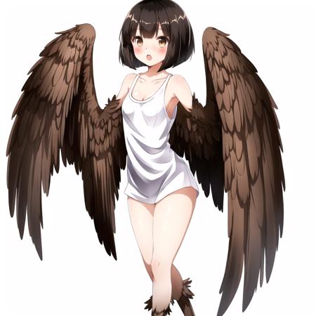 <lora:harpy-1_harpy-2--harpy-3_harpy-4:1.0>, 

(harpy:1.0), (bird wings, bird legs:1.0), claws, 


solo, 1girl, masterpiece, best quality, black hair, (white camisole), brown eyes, bob cut, blunt bangs, brown eyes, blush, black hair, steaming, (freckles:0.8), collarbone, exposed shoulders, small breasts, empty background, white background, :o, confused, (?)