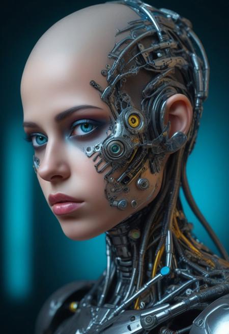 Cyborg biomechanical girl with a cyberpunk appearance with metal pieces on her face and body, with a glass appearance and very vivid colors, deep gaze, very stylized and feminine, big eyes, no hair