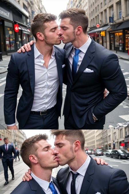 (2 men),(muscular), handsome, wearing business suit, city street, kiss, french kiss, (eyes closed), street photography,