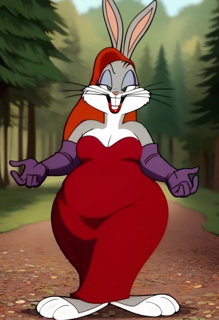score_9, score_8_up,score_7_up, source_anime,bgs_bny, furry, rabbit, rabbit ears, buck teeth, whiskers, gloves, tail,fat,obese,spherical,Big Chungus,JessicaRabbitXLP,red dress,elbow gloves,green eyes, makeup, eyeshadow, lipstick,screencap, blurry background, detailed eyes,full body,smug,outdoors,forest,trees,grin,red hair,long hair