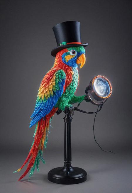 embedding:lazmpos, LED, colorful LED lights, RGB lights, red green and blue parrot, art deco, top hat, cane, monocle,RetroBG