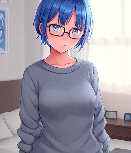 an anime style image of NAMHP woman standing in a bedroom, 2d, short blue hair, glasses, grey sweater, 1girl, best quality, hd, masterpiece,  <lora:NAMHP:0.75>